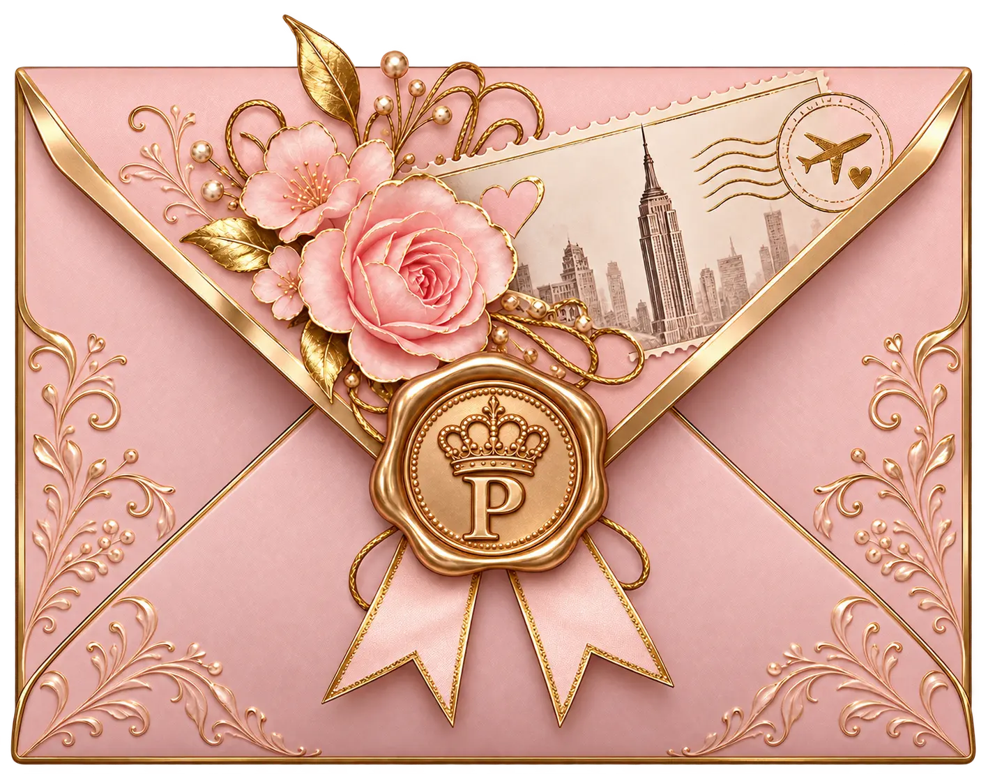 Sobre rosado y dorado con flores, Nueva York y sello P coronado